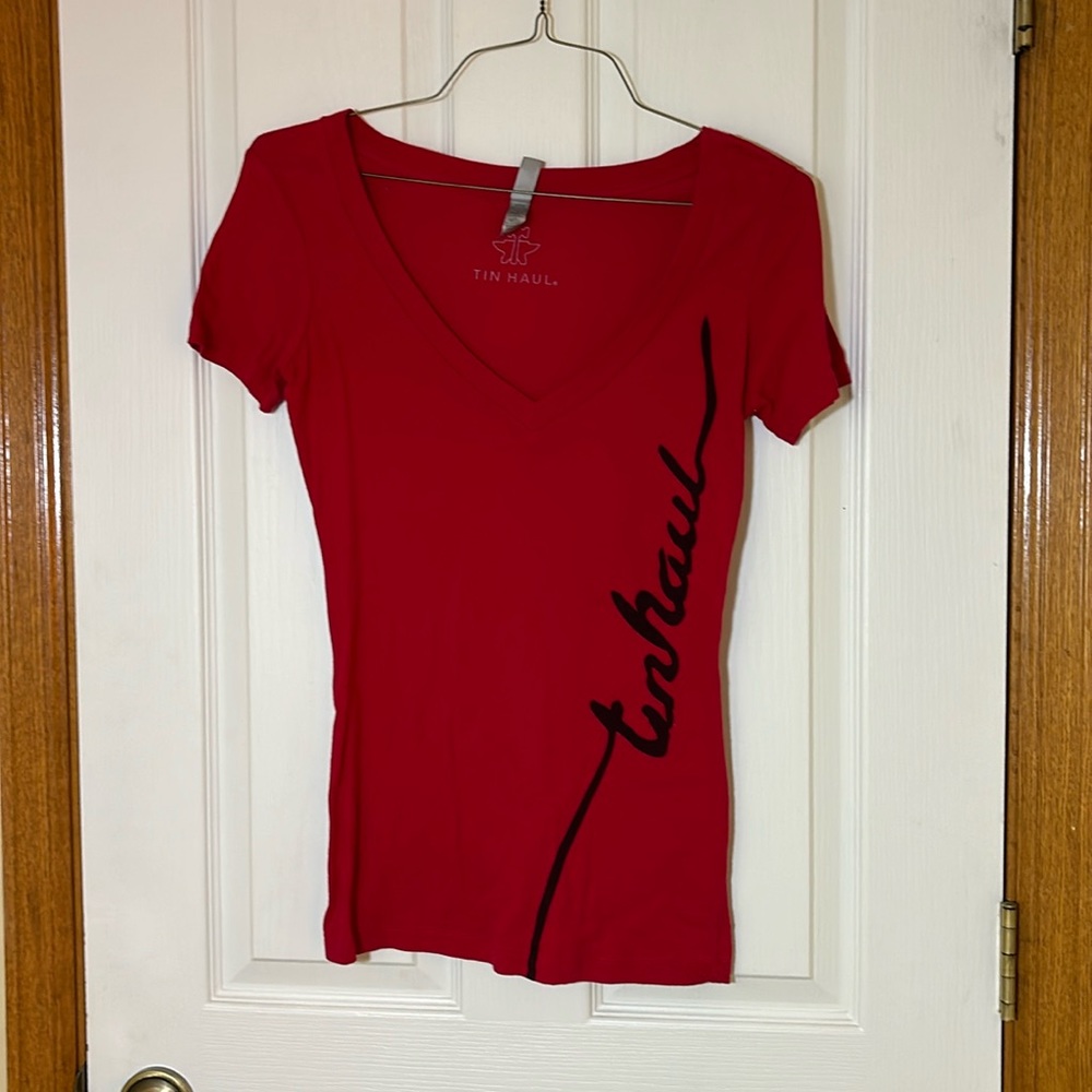 Red, V-neck T-shirt, size S, Tin Haul